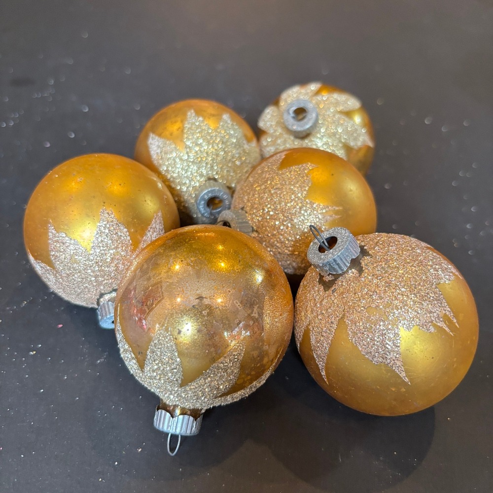 Shiny Brite Vintage Glass Christmas Ornaments Gold Mica Frosted Snow Cap 6pc Set
